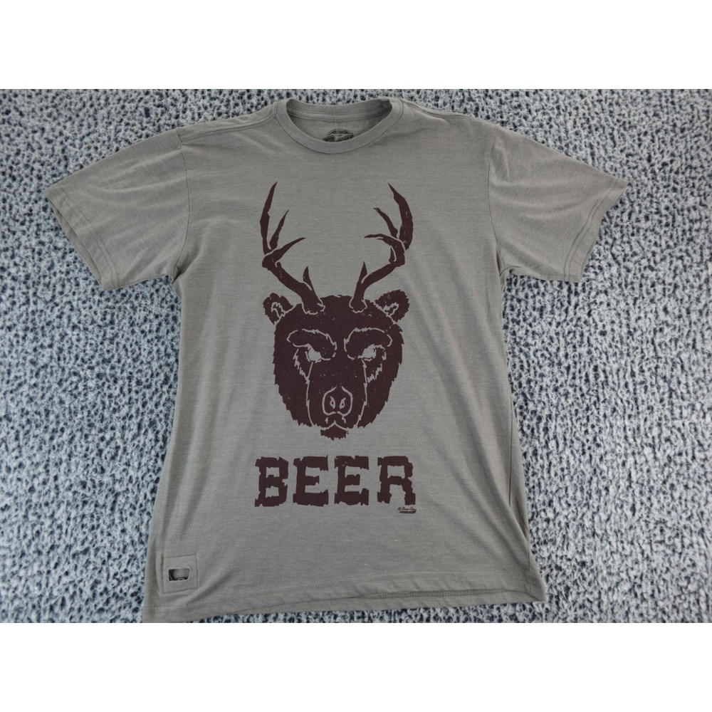 Brew City Mens Graphic‎ T Shirt Bear Antlers Beer Print Short Sleeve Gray Large
